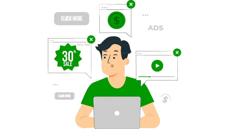 Imagem vetorizada de um consumidor acessando sites e se deparando com anúncios de tráfego pago