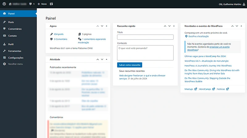 tutorial wordpress mostrando o painel de usuário