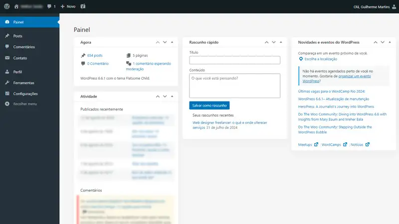tutorial wordpress mostrando o painel de usuário