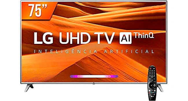 foto de uma televisão de 75 polegadas com painel de LED da LG e um controle ao lado