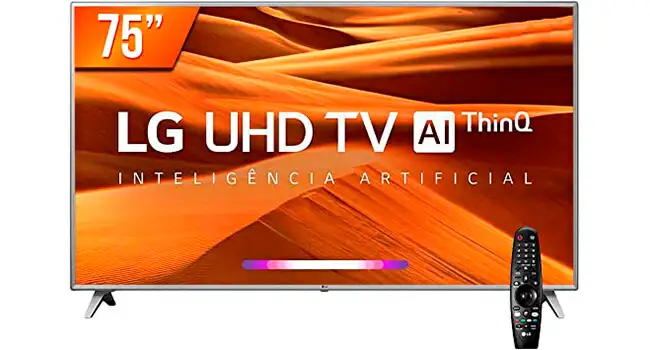 foto de uma televisão de 75 polegadas com painel de LED da LG e um controle ao lado