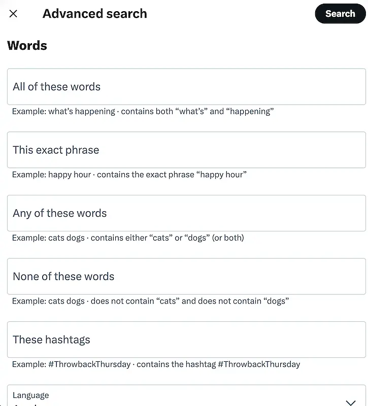 Twitter advanced search page