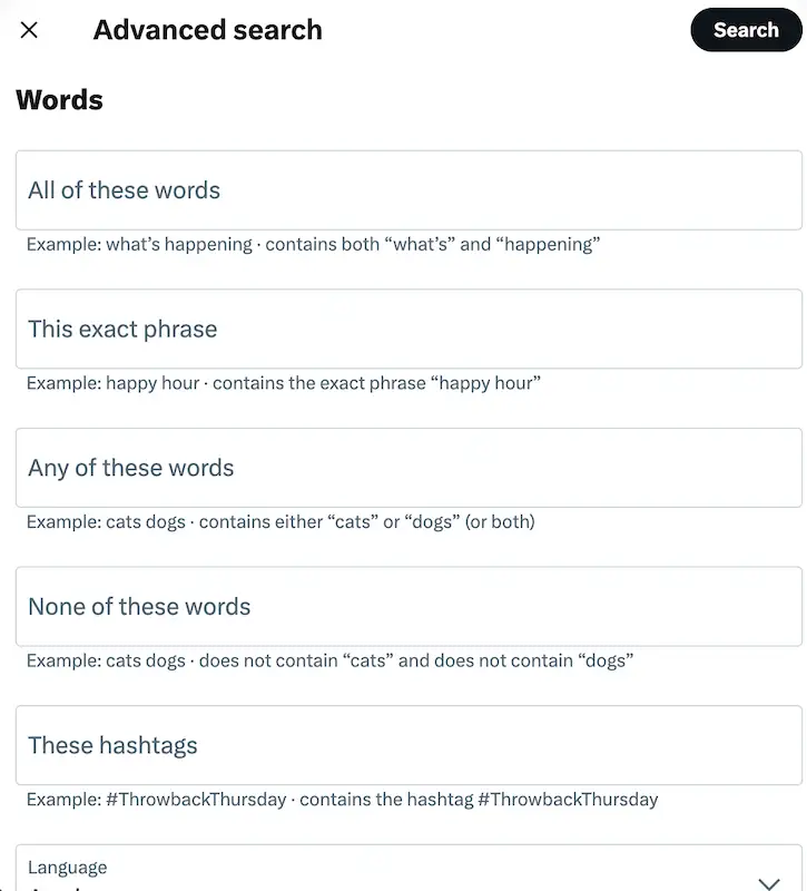 Twitter advanced search page