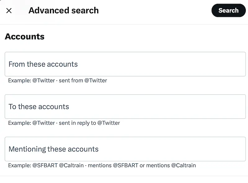 Twitter advanced search page showing the acccount filters you can add to the search.