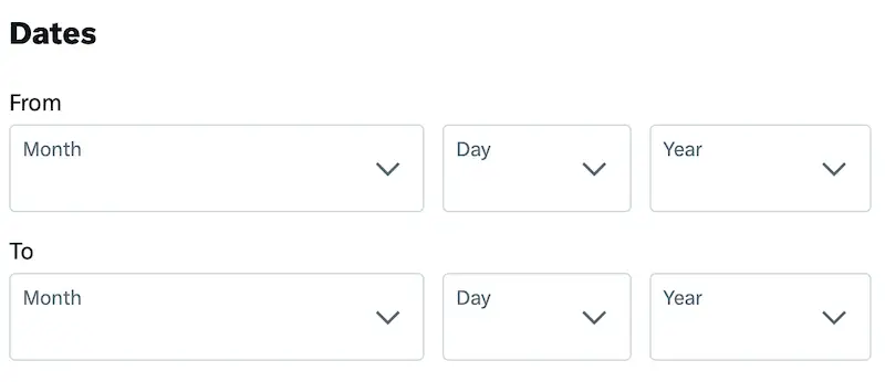 Twitter advanced search showing the date range you can choose.