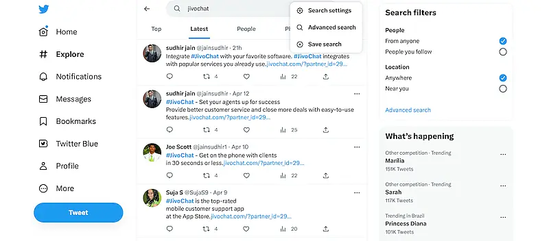 Twitter search page showing the menu where you can select "save search".
