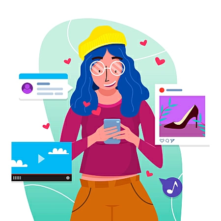 Ilustração de uma mulher usando o celular e imagens de produtos