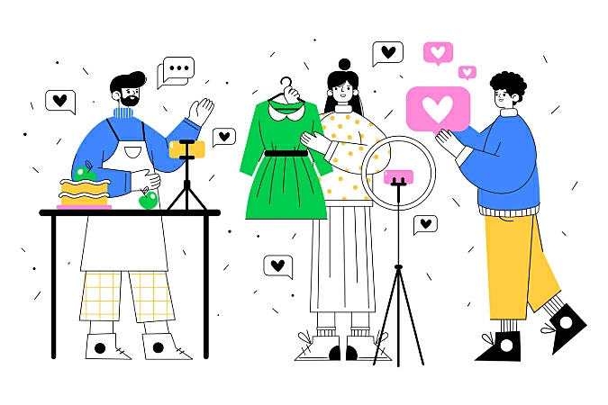 Ilustração de 3 pessoas apresentando produtos para uma câmera e icones de coração
