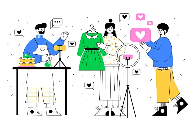 Ilustração de 3 pessoas apresentando produtos para uma câmera e icones de coração