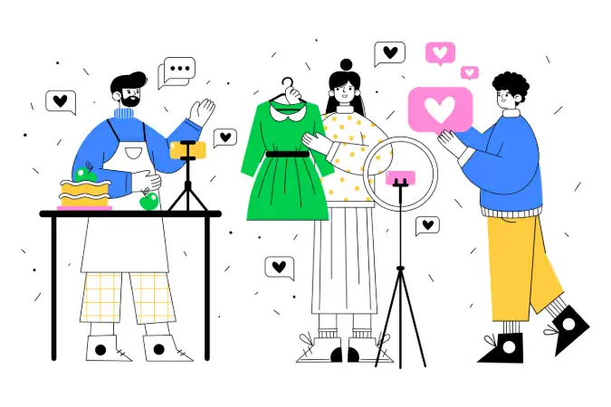 UGC (User Generated Content) Ilustração de 3 pessoas apresentando produtos para uma câmera e icones de coração