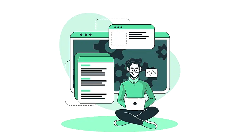 Imagem vetorizada de um homem sentado programando com um notebook e um monitor atrás dele. 