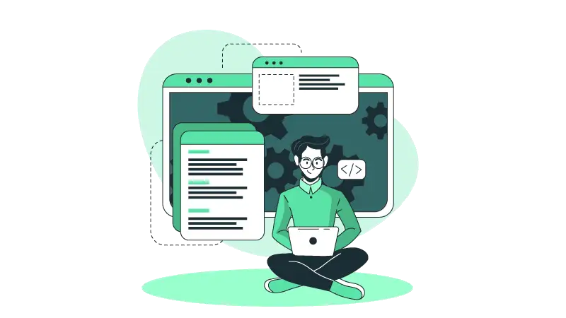 Imagem vetorizada de um homem sentado programando com um notebook e um monitor atrás dele. 