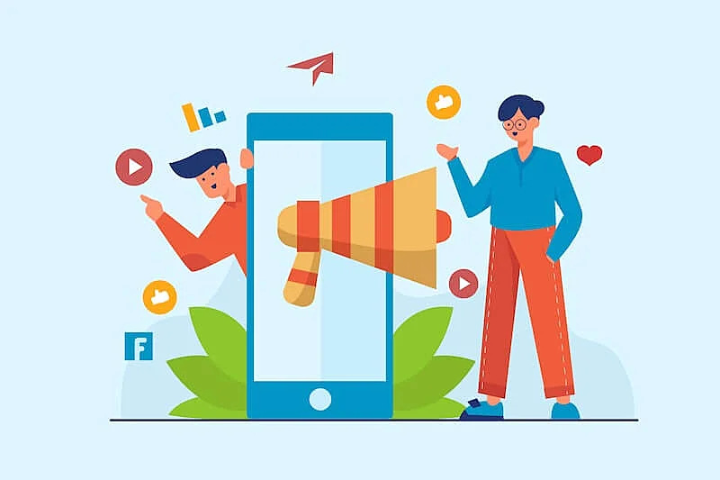 The image shows a big smartphone screen with several social media icons around it.