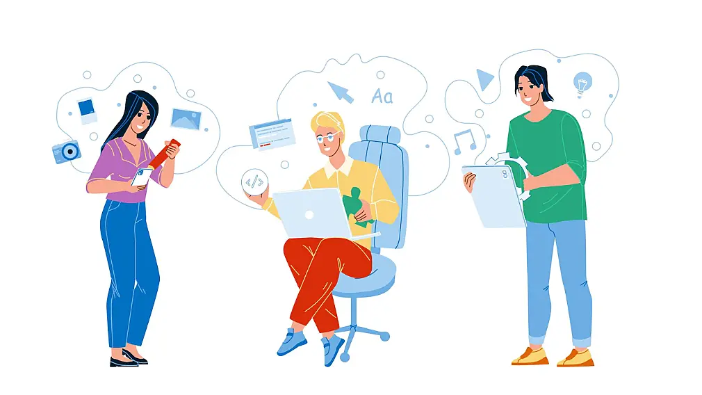 Ilustración concepto de usuarios generando contenidos en dispositivos móviles