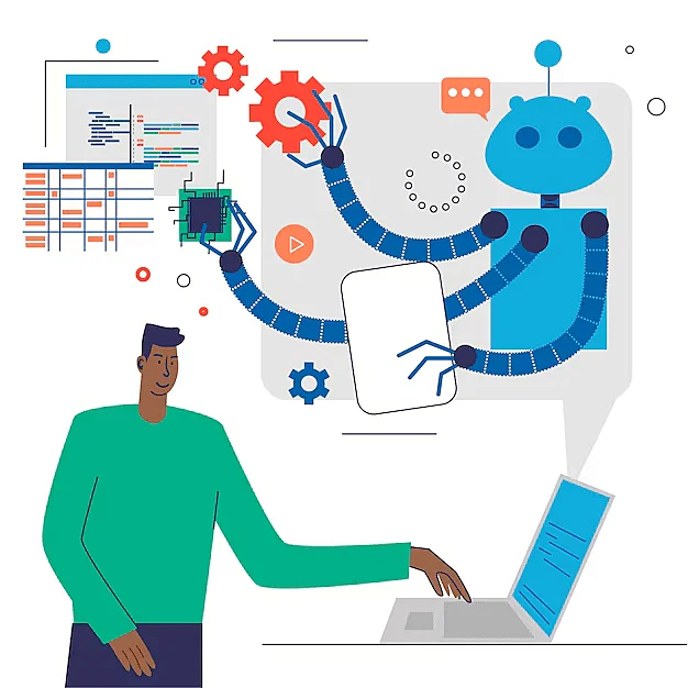 The image shows a man using the computer and a robot  holding engines.