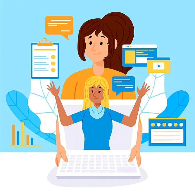 The image shows a woman holding a laptop infront of her. Inside the computer there is another woman going out of it, and pointing to several screens.