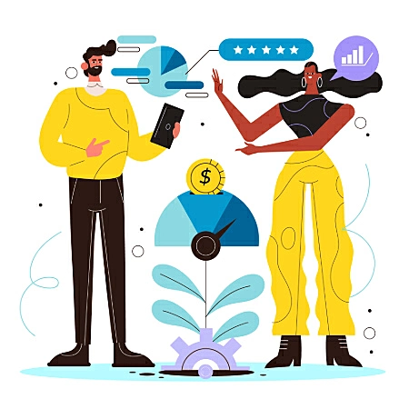 Ilustração de duas pessoas conversando e mostrando gráficos positivos e um ícone de moeda ao centro