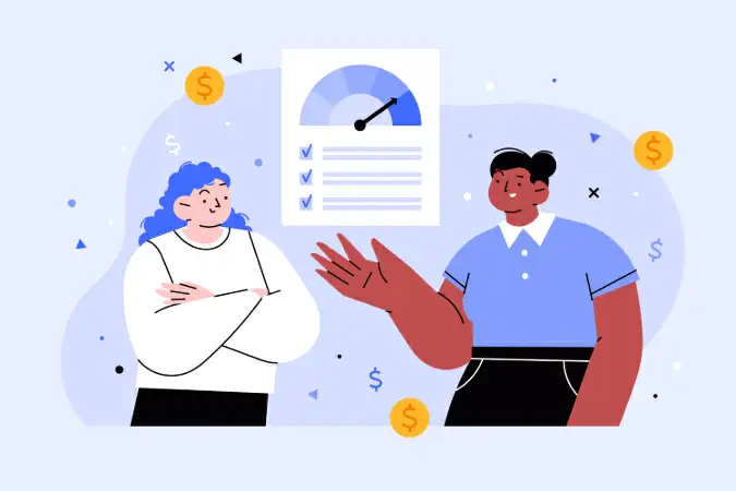 Duas pessoas conversando e uma delas apresentando um gráfico positivo e várias moedas