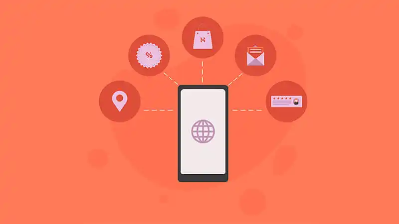 Varejo Omnichannel Ilustração com vários elementos de lojas e ícones de chat e atendimento