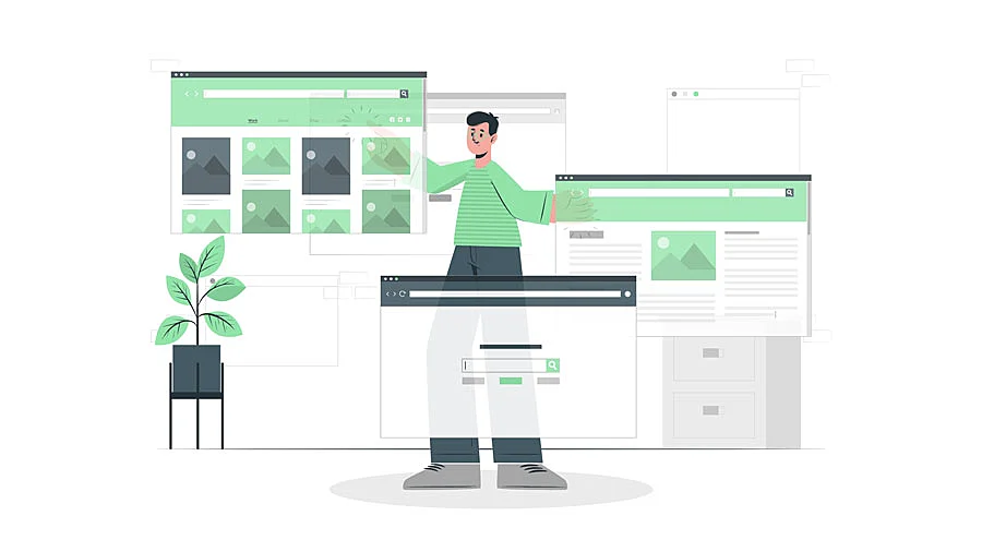 Diseño conceptual: hombre manejando páginas web