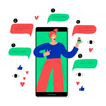Pessoa aparecendo na tela de um smartphone enquanto interage com várias mensagens e ícones de engajamento.