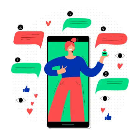 Pessoa aparecendo na tela de um smartphone enquanto interage com várias mensagens e ícones de engajamento.