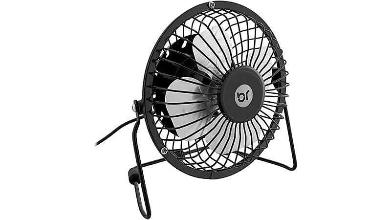 imagem de um ventilador portátil da Bright na cor preta com quatro pás de metal