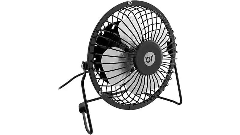 imagem de um ventilador portátil da Bright na cor preta com quatro pás de metal