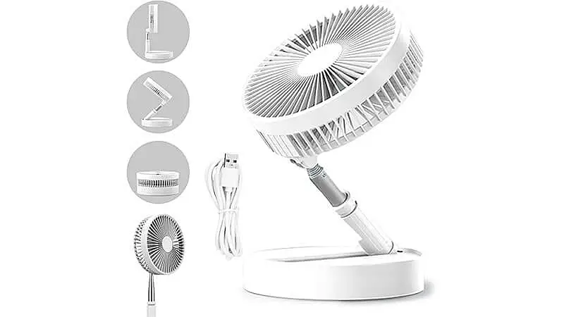 imagem que mostra diversas imagens de um ventilador portátil dobrável da ICOCO na cor branca com 5 pás
