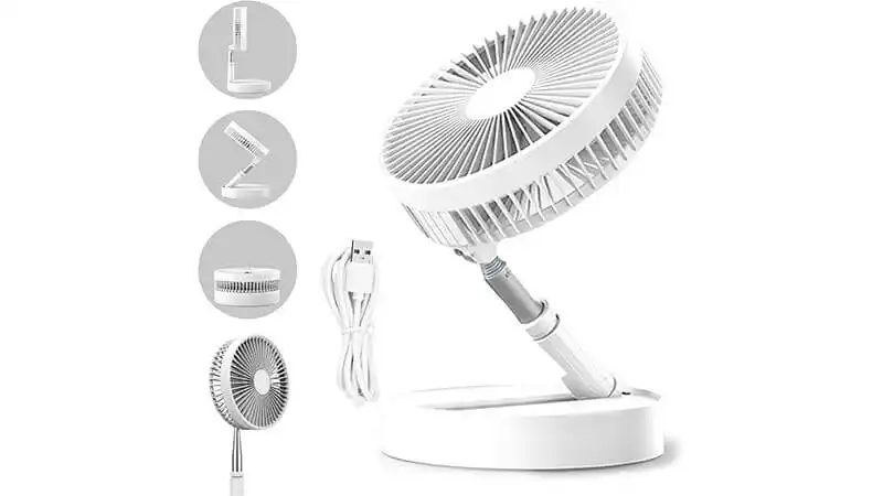 imagem que mostra diversas imagens de um ventilador portátil dobrável da ICOCO na cor branca com 5 pás