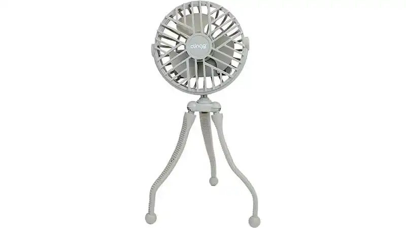 imagem de um ventilador portátil da Clingo na cor cinza com tripé flexível e três pás