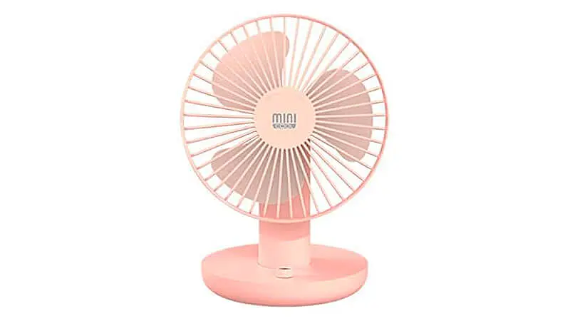 imagem de um mini ventilador portátil da Minicool na cor rosa com três pás