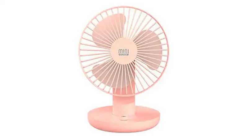 imagem de um mini ventilador portátil da Minicool na cor rosa com três pás