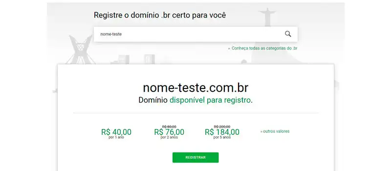 captura de tela mostrando como verificar a disponibilidade de um domínio nacional