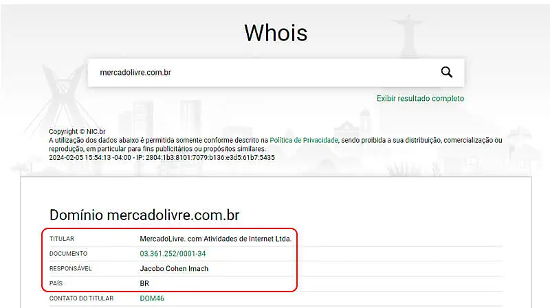 captura de tela mostrando o resultado da busca de informações de um dono de domínio