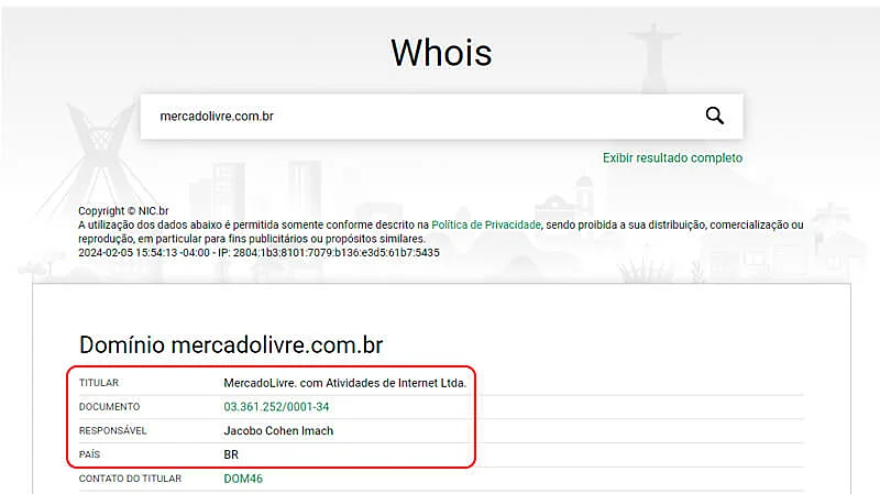 captura de tela mostrando o resultado da busca de informações de um dono de domínio