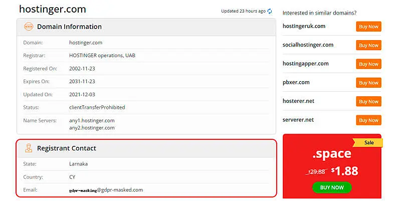 captura de tela mostrando o resultado da busca de informações de um dono de domínio