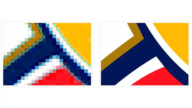 Imagem de uma folha em pixels azul e uma seta indicando para a direita com uma imagem de uma folha com linhas pretas