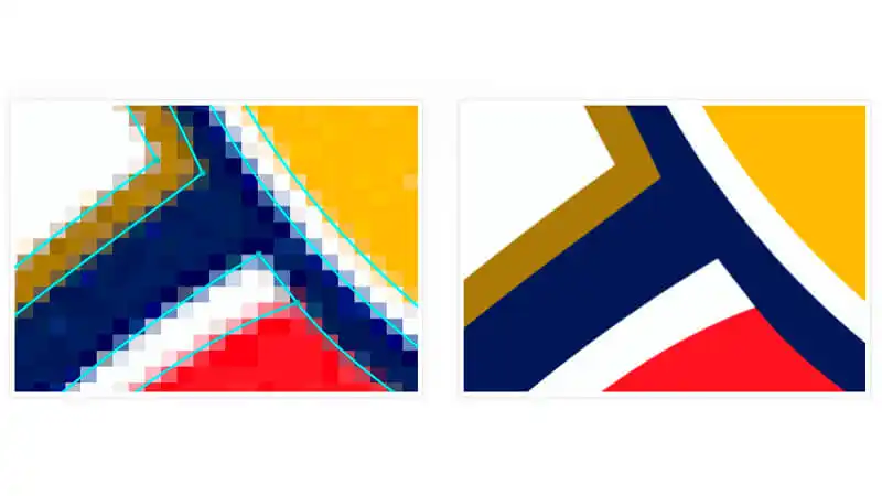 Vetorizar imagem Imagem de uma folha em pixels azul e uma seta indicando para a direita com uma imagem de uma folha com linhas pretas