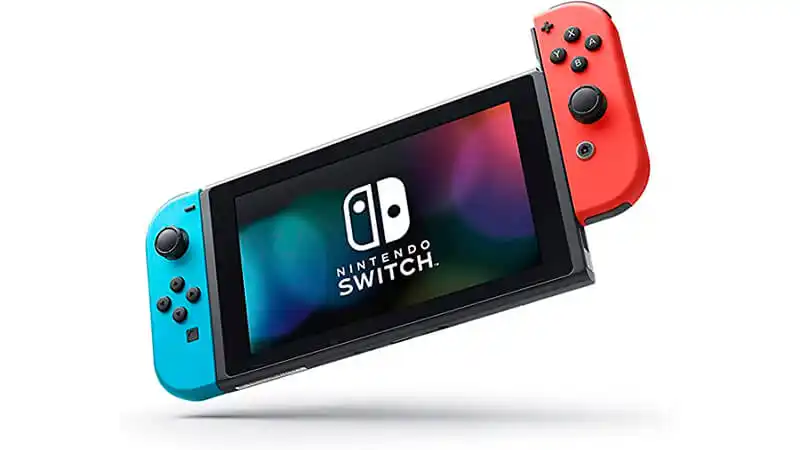imagem de um Nintendo Switch com um par de JoyCons na cor azul e vermelha