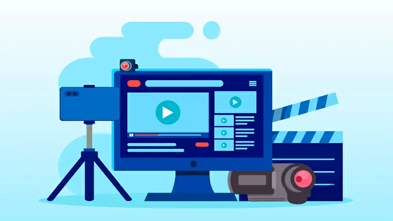 Ilustração de um monitor e vários equipamentos de filmagem