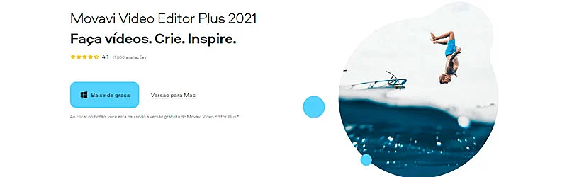 Banner da empresa Movavi com texto "Faça vídeos. Crie. Inspire".