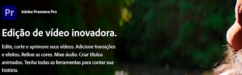 Logo do Adobe Premiere com um editor usando um computador ao fundo