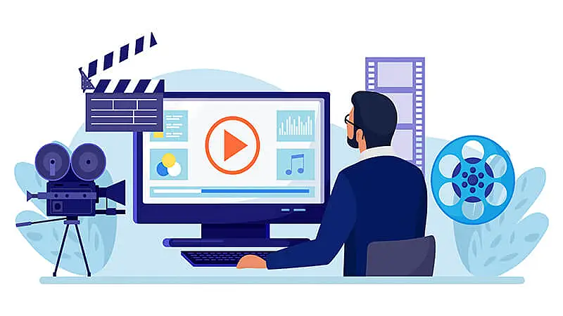 Ilustração de um homem segurando uma câmera e vários acessórios de gravação de vídeo