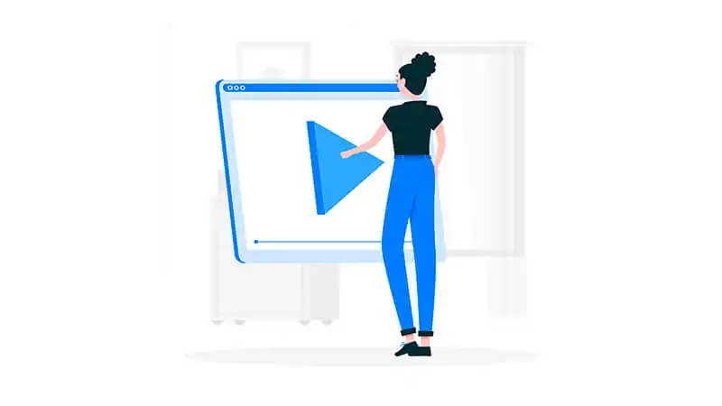 Ilustração de uma mulher sentada em uma mesa dando play em um vídeo em uma tela