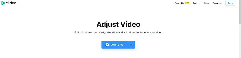 Clideo website image where it's written "Adjust video. Edit brightness, contrast, saturation and add vignette, fade to your video."