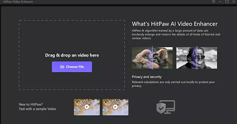 HitPaw video enhancer image where it's written "Drag & drop an video here. Choose file."