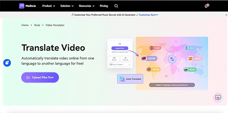 Media.io video translator page