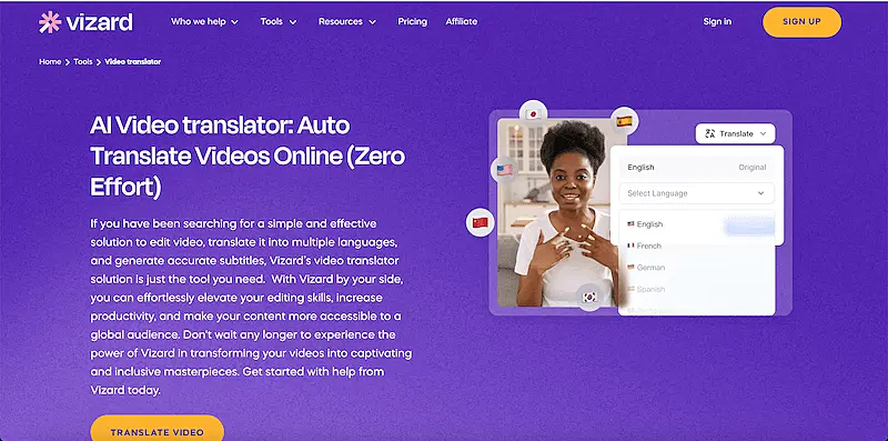 Vizard video translator page