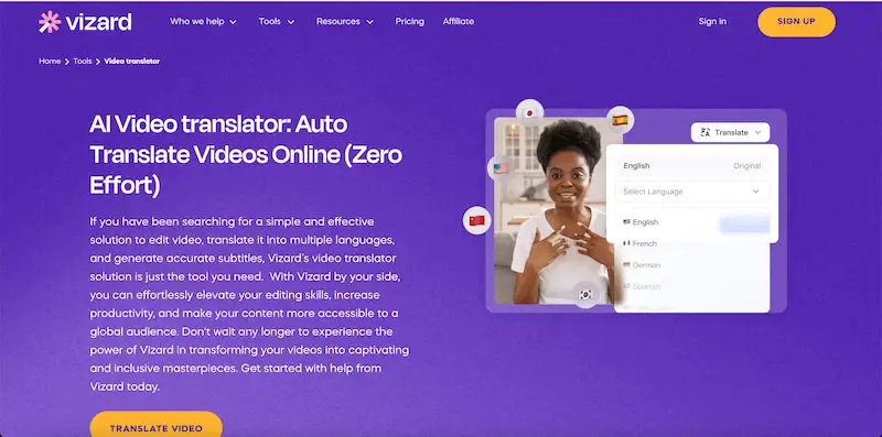 Vizard video translator page